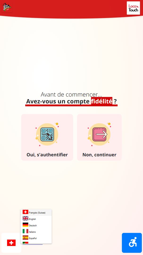 Interface borne de commande fast food– choix compte fidélité, sélection de la langue et activation du mode PMR pour accessibilité