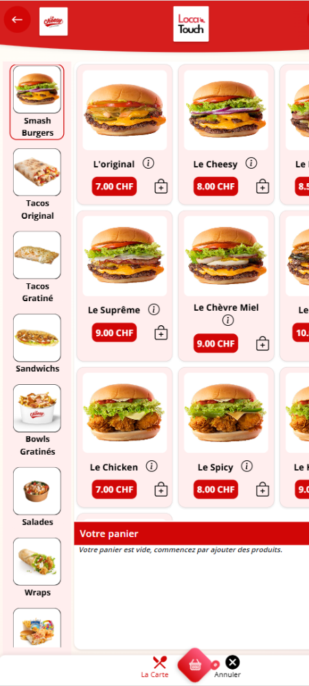 Borne de commande fast food – interface menu principal prise de commande